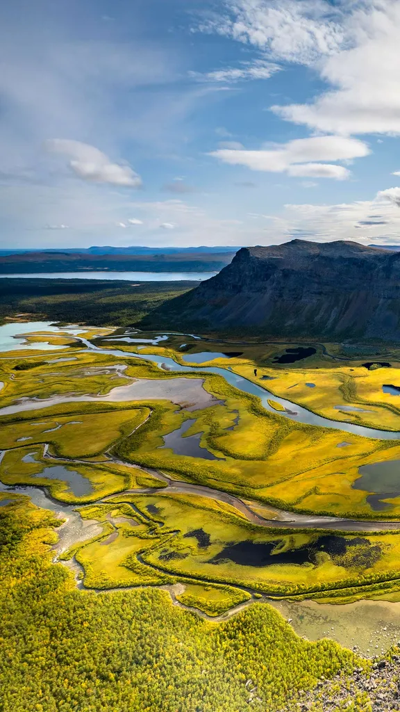 View from Skierffe Mountain over the Rapadalen river delta, Sarek National Park, Laponia, Lapland, Sweden
