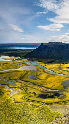 View from Skierffe Mountain over the Rapadalen river delta, Sarek National Park, Laponia, Lapland, Sweden