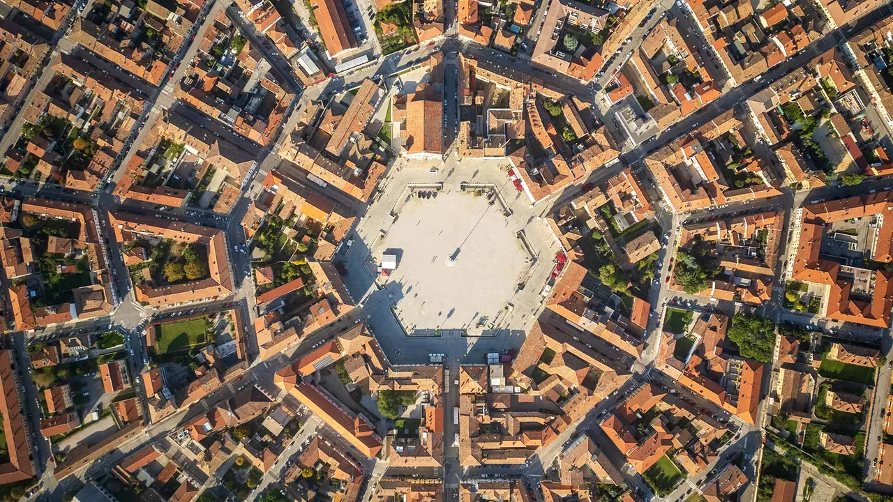 Aerial view of Palmanova, a fortress city in Friuli, Italy