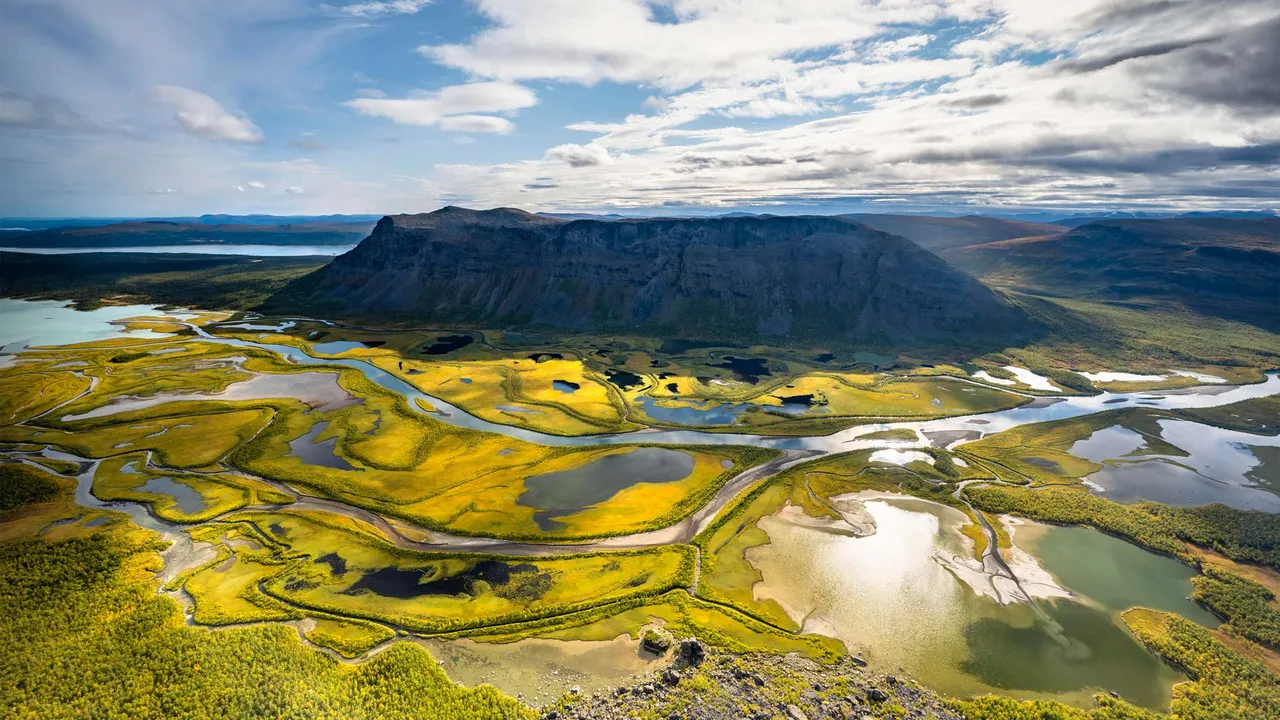 View from Skierffe Mountain over the Rapadalen river delta, Sarek National Park, Laponia, Lapland, Sweden